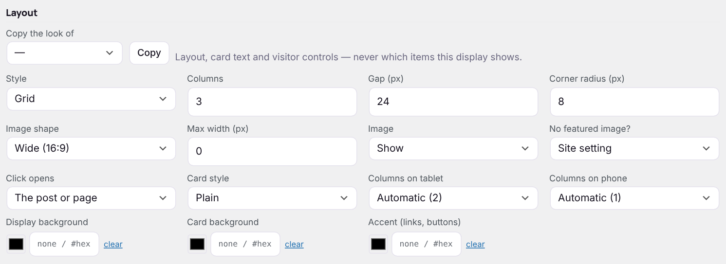 The Layout section of the display builder