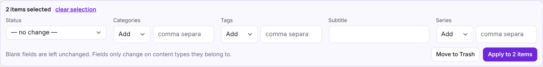 The bulk editor with two items selected