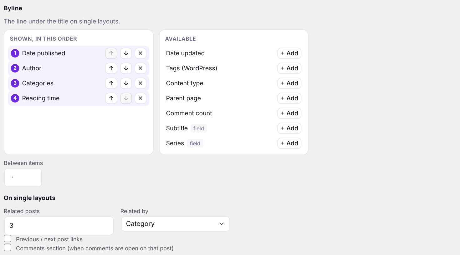 Byline and single layout settings