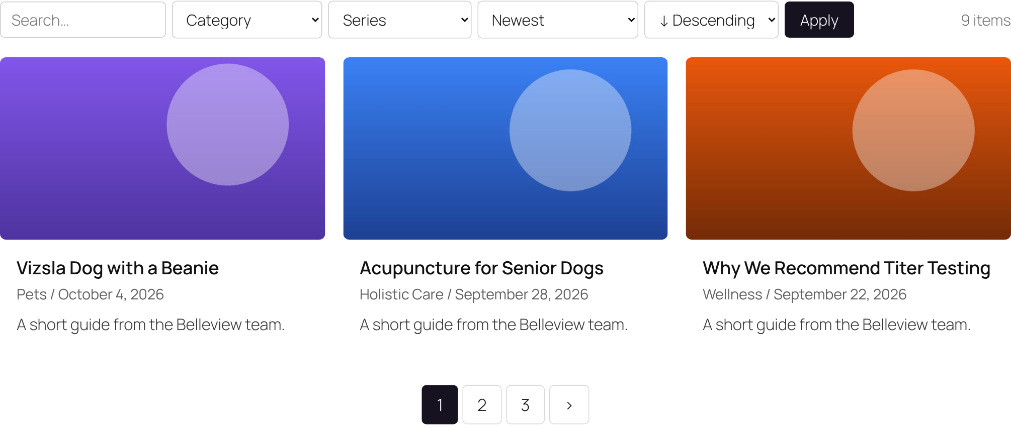 A display with search, category and series filters, sorting and page numbers
