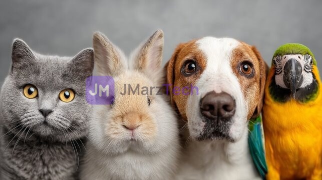 Cat, Rabbit, Dog & Parrot