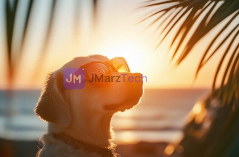Dog with sunglasses with sunset in the background