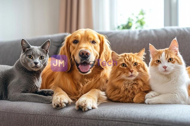 3 cats and a dog on a couch